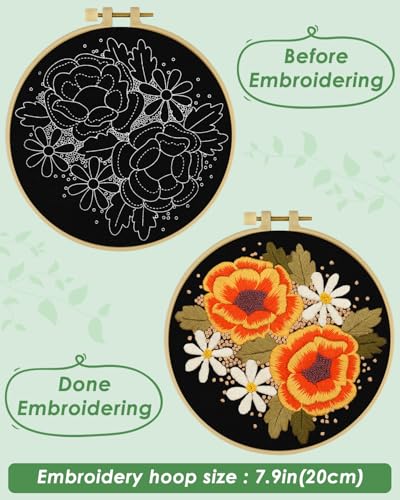 ERKOON Embroidery Kit for Beginners, Flower Cross Stitch Set Include Embroidery Cloth Hoops Threads for Craft Lover Hand Stitch with Embroidery Skill Techniques (Floral) - color: Floral