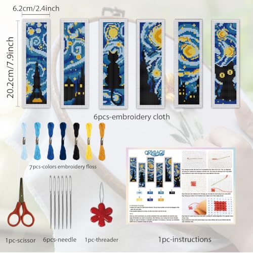ORIGACH 6 Set Starry Night & Black Cat Cross Stitch Bookmark Kit - style: Starry Night and Black Cat