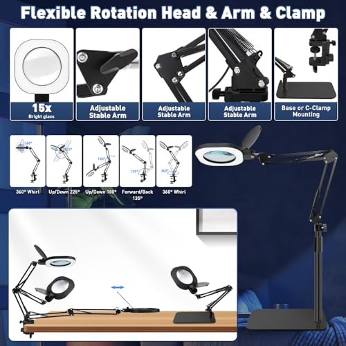 Magnifying Glass with Light and Stand,15x 3in1 Magnifying Lamp, 5 Color Stepless Dimmable,80 Led Desk&Floor Lamp with Lighted Magnifying Glass,Hands Free Magnifying Glasses for Close Work