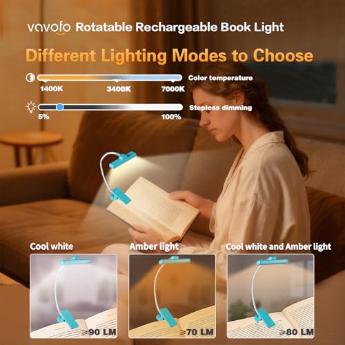 VAVOFO 24 LEDs Rotatable Book Light, Rechargeable Clip Reading Lamp, Blue - color: Blue