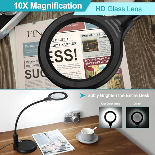 10X Magnifying Glass with Light and Clamp, 5 Color Modes Stepless Dimmable Lighted Magnifier with Stand, Flexible Gooseneck LED Desk Lamp Hands Free for Craft Reading Painting Hobby Close Work - color: Black, size: 10X