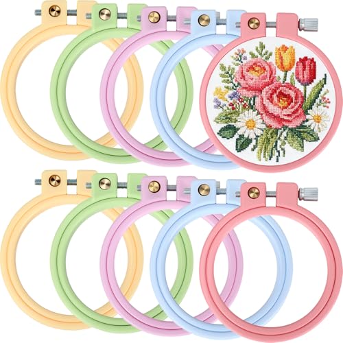 Hotop 10 Pcs Mini Embroidery Hoops ABS Plastic Cross Stitch Hoop for DIY Craft Art Sewing Needlework Cross Stitch Embroidery Projects(Round) - style: Round