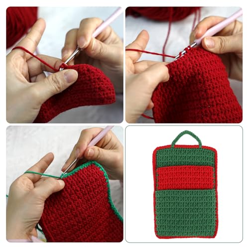 Handmade Crochet Bag Organizer,2-Layer Small Crochet Pouch for Women,Crochet Hook Storage & Knitting Project Bag,Green Red Crocheted Bag for Crochet Supplies,Scissors,Gifts for crochet lovers