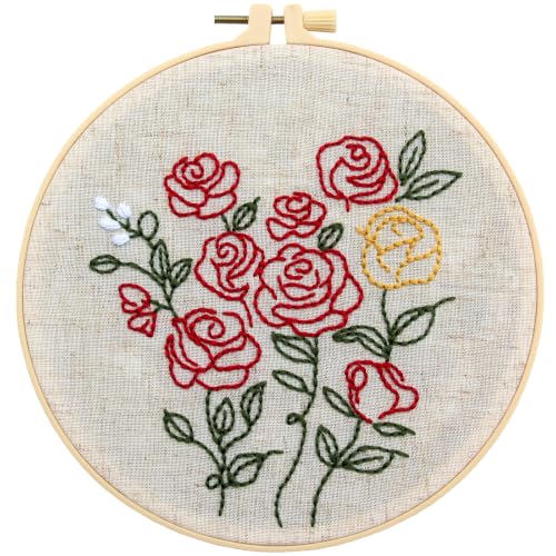 Vintage Flowers Embroidery Kits for Beginners Adults, Easy Hand Embroidery Starters Kits, Floral Cross Stitch Kits DIY Needlepoint Kits for Beginners Adult, Embroidery Hoop, Thread and Video Tutorial - color: H2105