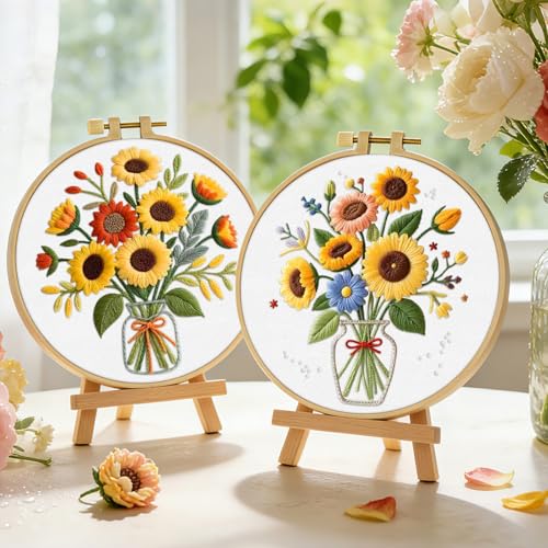 ERKOON Embroidery Kit for Beginners Adult, 2 Set Flower Cross Stitch Set Include Embroidery Cloth Hoops Threads for Craft Lover Hand Stitch with Embroidery Skill Techniques (Sunflower) - color: Sunflower