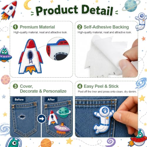 Cinrobiye 41 Pcs Outer Space Patches Self Adhesive Cute Astronaut A to Z Alphabet Applique Galaxy Spaceship Rocket Chenille Letter Patches Stick on for Clothing Hats Bags Fabric DIY Crafts - style: Astronaut