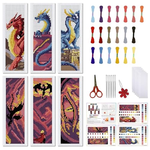 FREEBLOSS 6 Set Cross Stitch Bookmark Stamped Cross Stitch Kit with 6 Different Dragon Patterns Embroidery Kit with Instruction DIY Bookmark Kit for Gift Adults 8''x2.4'' - style: Dragon