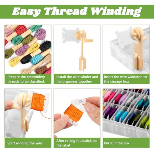 Embroidery Floss Organizer,Cross Stitch Thread Storage Box Tool,w/Bobbins Winder,1 Removable 24 Grids Clear Bead Organizer Case,100 Floss Bobbins,1 Numbered Sticker,for Craft DIY