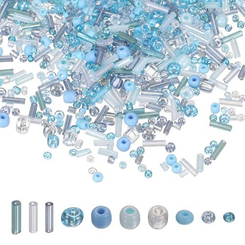 MECCANIXITY 5000 Pcs Mixed Glass Seed Beads, 1.5-6mm Mini Loose Glass Bugle Spacer Bead Embroidery Beads for DIY Craft Projects Earrings Necklaces Bracelets Jewelry Making, Light Blue - color: Light Blue