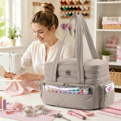 AMOIGEE Puffy Double-Layer Sewing Storage Bag with 2 Clear Organizer Boxes - color: Greige