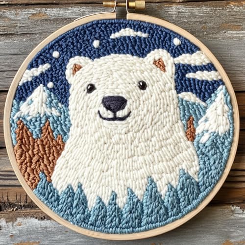 DIY Punch Needle Kits Polar Bear with Snow Mountain with Hoop 20x20cm-4 - color: 12-Polar Bear