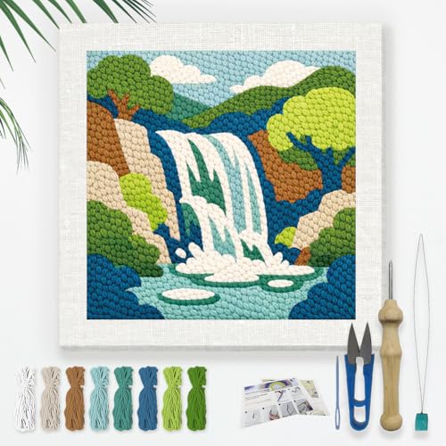 DOODLREAM Mountain Waterfall Punch Needle Kit for Beginner 9.4" x 9.4" - color: Waterfall