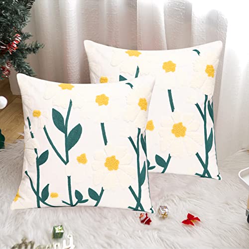 Set of 2 Embroidered Decorative Throw Pillow Covers Couch Square Pillowcases Cushion for Bedroom Sofa Farmhouse Decor 18x18 Inch (Spring Flower) - color: Spring Flower