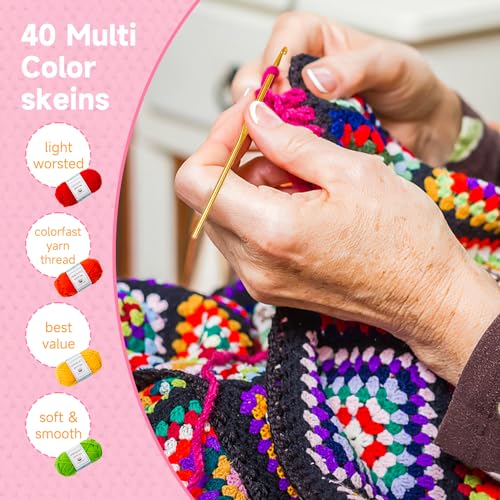 INSCRAFT 48 PCS Crochet Yarn Kit, 1400 Yards 40 Colors Acrylic Yarn Skeins, 2 Crochet Hooks, 2 Weaving Needles, 4 Stitch Markers, 1 Bag, for Crocheting & Knitting, Gift for Beginners and Adults - size: 48 Pieces with Bag