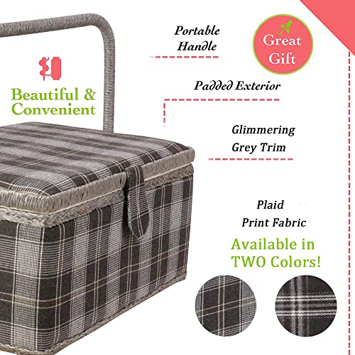 Sewing Basket with Floral Print Design - Sewing Kit Storage Box with Removable Tray, Built-in Pin Cushion and Interior Pocket - by Adolfo Design (Medium - 11" x 7" x 5.5", Dark Gray Plaid) - color: Dark Gray Plaid, size: Medium - 11" x 7" x 5.5"