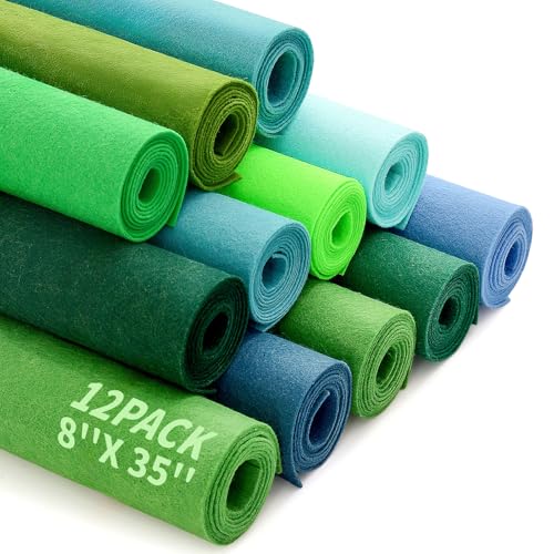 12 Rolls 8"x35" Large Stiff Felt Sheets, 1mm Felt Fabric Sheet for Crafts - color: Green Series