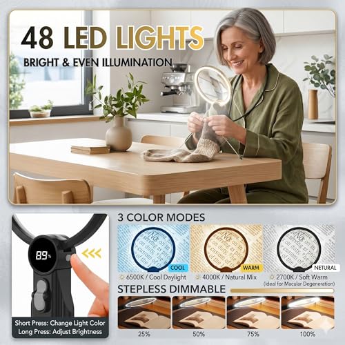 MAGNIPROS Hands-Free Magnifying Glass with Light for Seniors, 5X/10X Rechargeable GooseNeck Magnifier, 3 Color Light Modes, LCD Display, Reading, Sewing, Crafts