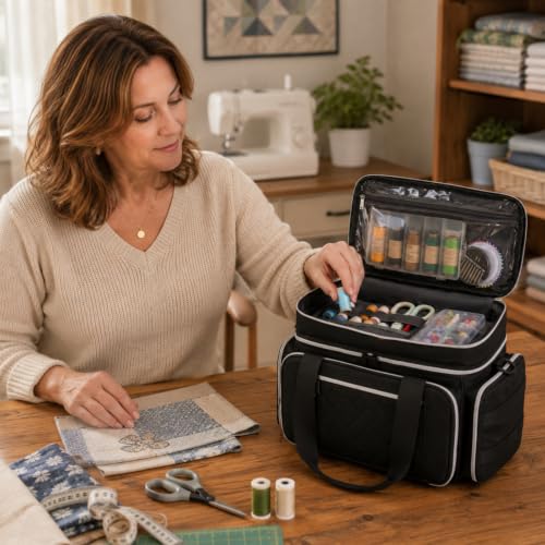 Lyhaxon Sewing Organizer Storage Bag, Double Layer Sewing Box Case - color: Black