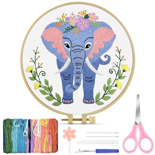 TINDTOP Embroidery Kit for Beginners Adult, Elephant Embroidery Kit for Beginners Include Embroidery Cloth Hoops Threads for Craft Lover Hand Stitch with Embroidery Skill Techniques - color: Elephant