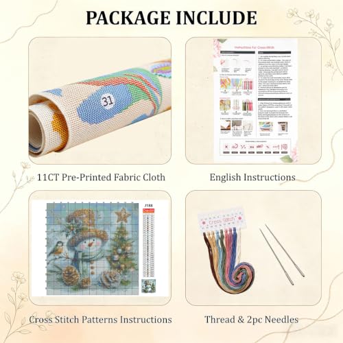 WUSARPLY Christmas Snowman Stamped Cross Stitch Kits for Beginners Adults - color: J188