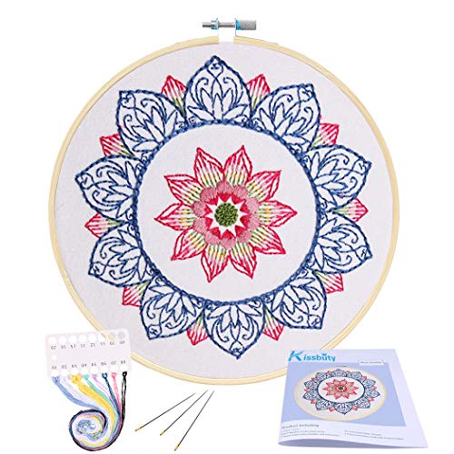 KISSBUTY Full Range of Embroidery Starter Kit with Pattern, Cross Stitch Kit Including Embroidery Fabricwith Floral Pattern, Bamboo Embroidery Hoop, Color Threads and Tools Kit (Blue Mandala)