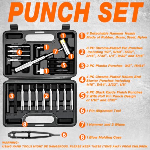 BESTNULE 26pc Roll Pin Punch Set with Bench Block & Pivot Pin Tool & Hammer - size: 26-piece set