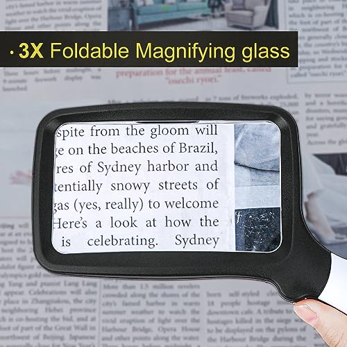 3X Folding Magnifying Glass with Light, Retancular Lighted Magnifier with 5 LED Lights, Handhold Page Magnify Lens Seniors Gift for Reading Books, Coins, Maps, Inspection, Exploring -Black - style: Folding Black