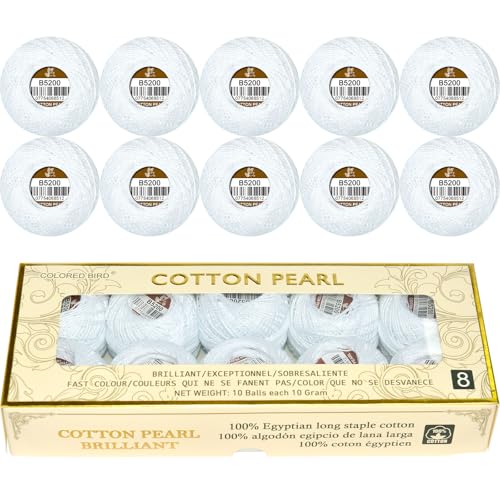 Double Mercerized Egyptian Long Staple Cotton Pearl Thread Ball 10 Grams Rainbow Color Embroidery Thread 10 Balls per Box for Crochet Hardanger Cross Stitch Hand Embroidery,White - color: white