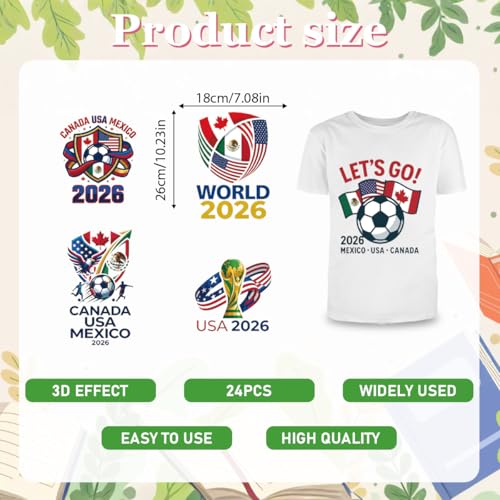 24Pcs Soccer Cup 2026 Dtf Transfers Ready to Press USA Canada Mexico Soccer Cup Iron on Transfers for Tshirts Vinyl Stickers for Clothing Pillows Bag DIY Crafts - color: Soccer Cup 2026