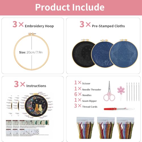 LYMIGER 3 Packs Embroidery Kit for Adults, Embroidery for Beginners (Night) - color: Night
