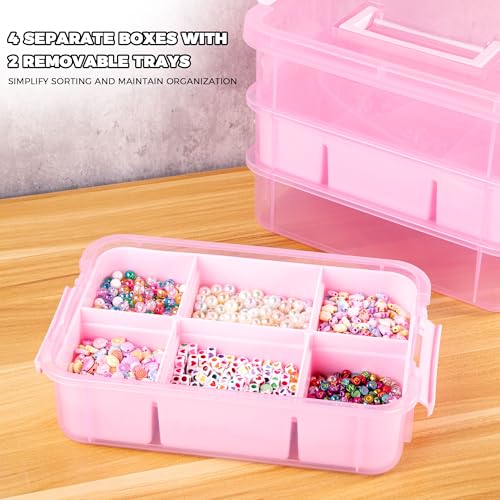 CraftGenes Art Supply Storage Organizer, 4-Tier 10 Qt Box, 2 Trays, Pink - color: Pink