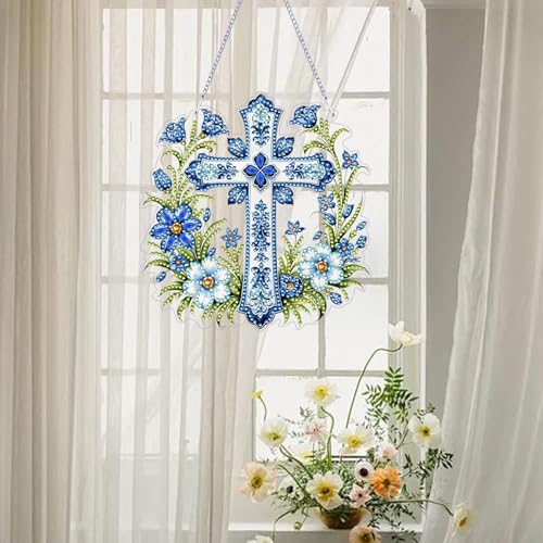 ARPADAMO Hanging Diamonds Art kit for Adult,DIY Cross Flowers Pendant Diamonds Painting Art Kit, 7.0x6.8 inch Acrylic Diamonds Painting Board Kit Ornament, Special Crystal Diamond Hanging Ornament - color: DP01402