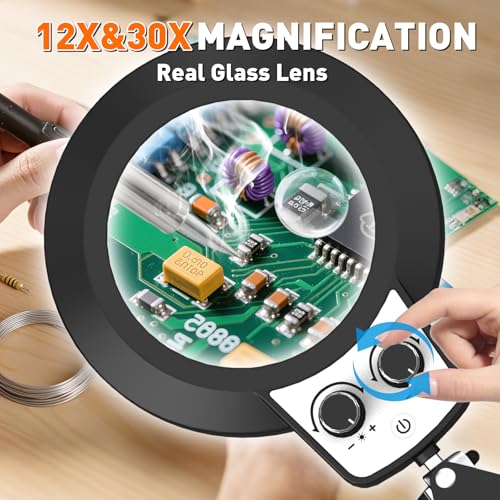 KIRKAS 12X 30X Magnifying Glass with Light and Stand, Extra-Long Arm Knob - size: 12X 30X 35 INCH Clamp