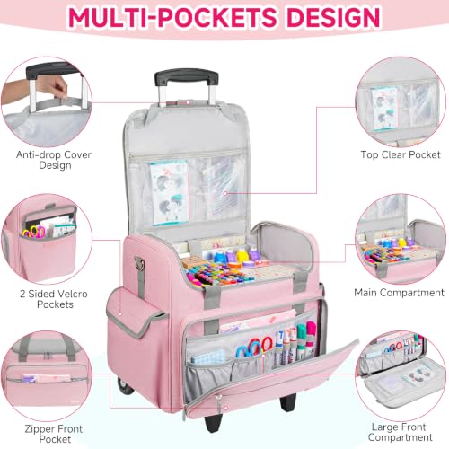 Rolling Craft Bag, Large Craft Bag with Wheels for Scrapbook Supplies - color: Pink, size: With Trolley