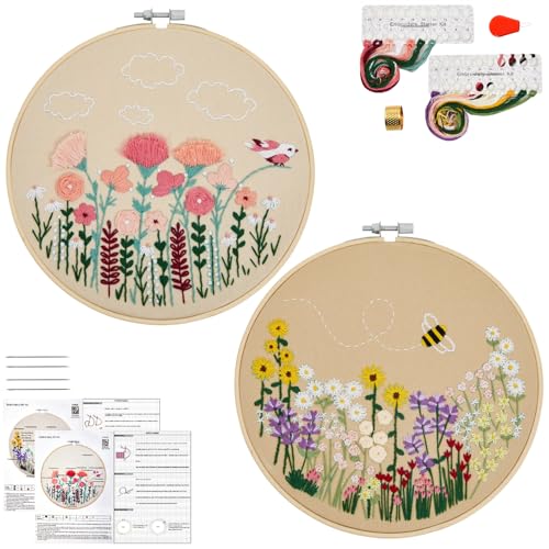 Flowers Embroidery Kits for Beginners Adults, Floral Hand Embroidery Set Needlepoint Kits, Stamped Cross Stitch Kits for Beginners Adults, 2 Embroidery Hoops, Fabric, Thread (Attached Video Tutorial) - color: Floral-2, size: 8inch