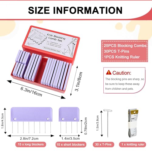 Knit Blockers Pins Kit, 25Pcs Knit Blocking Combs & 30 T-pins for Knitting Blocking Board Mats, Crochet Knitting Pins for Crochet Projects Sewing Lace Needlework Projects Tool (Purple) - color: Purple