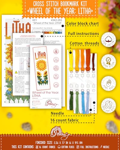 Povitrulya Cross Stitch Bookmark Kit Wheel of the Year: Litha – Counted DIY Embroidery Set for Adults & Beginners, Summer Solstice Pagan Wiccan Sun Fire Festival Gift - color: Litha