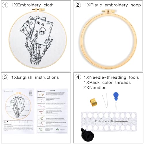 Gothic Tarot Embroidery Kits for Beginners Adults, Halloween Hand Bone Embroidery Starter Kits, Skull Cross Stitch Kits for Beginner Adults Hobbies for Women, Embroidery Fabric, Hoops & Video Tutorial - color: H2024