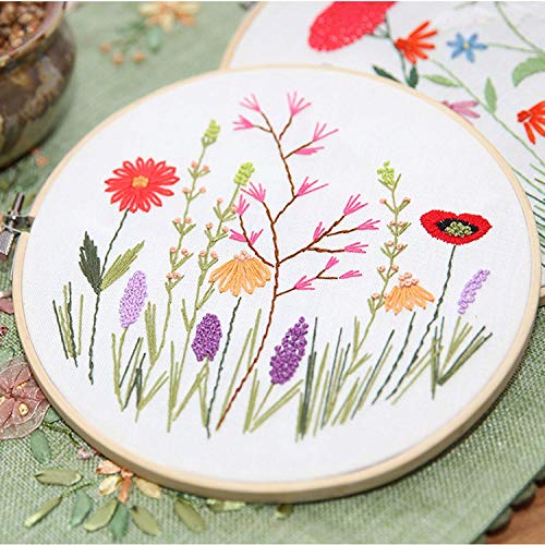 KISSBUTY Full Range of Embroidery Starter Kit with Pattern, Cross Stitch Kit Including Embroidery Fabric with Floral Pattern, Bamboo Embroidery Hoop, Color Threads and Tools Kit (Flower Grass)