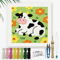 Doodlream Cow Flower Needle Kit for Beginner, 9.4"x 9.4" Cartoon Animal Punch Stitching Craft Set, Color DIY Embroidery Starter with Printed Frame, Instruction, Threader, Yarn, Pinch Needle - color: Cow