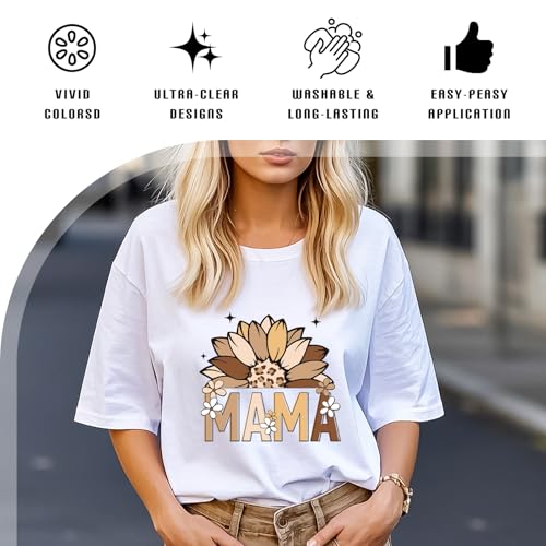 Dazoratix Mother's Day Transfer Stickers - 20 Sheets Mama Iron on Transfers Ready to Press Heat Patches Vinyl DTF Decals for T Shirts Clothes DIY Crafts Women Clothing Bag Appliques Pillow Decorations - style: Mama-Leopard