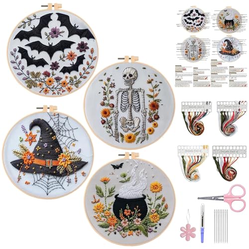 4 Set Halloween Embroidery Kit, Halloween Cross Stitch Kit, Gothic Embroidery Starter Kit 6 Inch Needlepoint DIY Craft for Beginners Adults