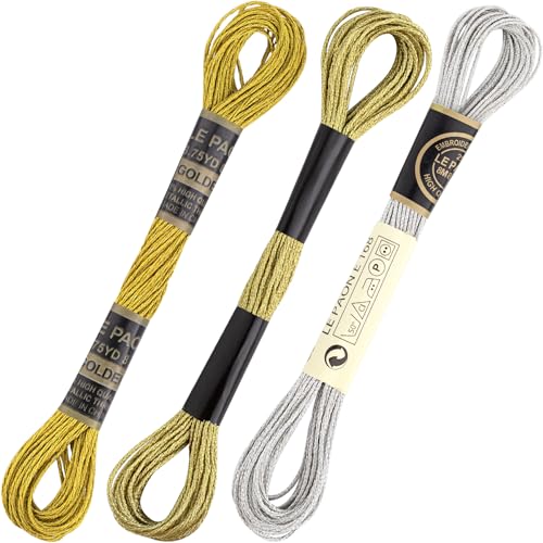 3 Skeins Metallic Embroidery Floss, Glitter Embroidery Thread String, Polyester Cross-Stitch Threads for Hand Embroidery, String Art, DIY Bracelet- Gold & Silver & Yellow - color: Gold & Silver & Yellow