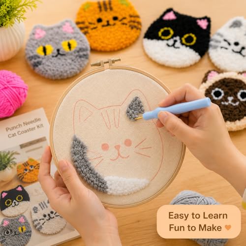 HGUANGJ Punch Needle Kit for Beginners Adults, Cat Coasters Kit with Adhesive Felt, Yarns, Embroidery Hoop for DIY Craft