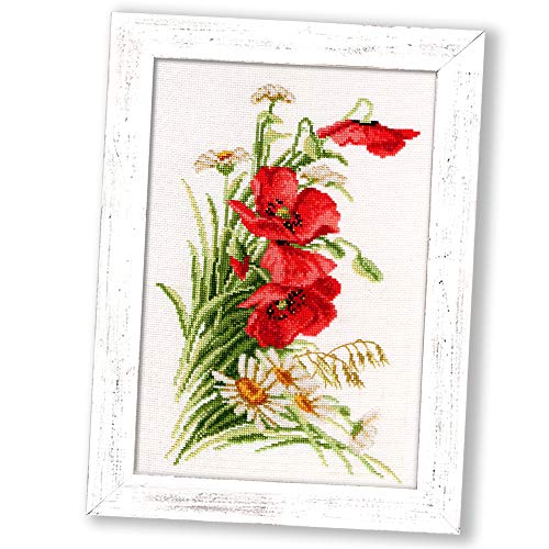 Povitrulya Counted Cross Stitch Kit 'Bouquet with Poppies' - Poppies and Daisies Wildflowers Hand Embroidery Set … - color: Bouquet with Poppies