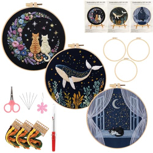 LYMIGER 3 Packs Embroidery Kit for Adults, Embroidery for Beginners (Night) - color: Night
