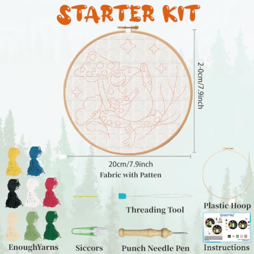 BEUNITONE 2PCS Punch Needle Kit for Adults Beginners, Frog Mushroom Needlepoint Crafts Kit for Adults, Complete Embroidery Starter Kit with Pre-Print Pattern and Hoop for Home Decor 7.9"x7.9" - color: 08-Frog Mushroom