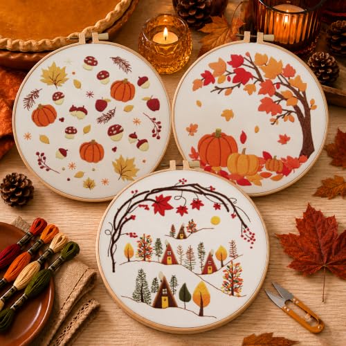 Kuabiz 5 Sets Embroidery Kits for Beginners Cross Stitch Kit for Adults Highland Cow Pattern Embroidery Starter Kit Embroiderys Hoop Needlepoint Kits with Instruction Needles Threads (Fall Leaves) - style: Fall Leaves