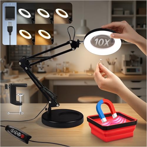 10X Magnifying Lamp - Desk Magnifying Glass with Light, Lighted Magnifying Glass with Stand, Magnifying Light, 5 Color Modes, 2 Mounting Options, USB Cable, Adapter & Magnetic Tray, Black - color: Black