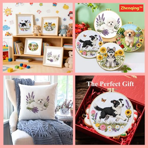 Zhenqing 4 Dog Breeds Cross Stitch Kit for Beginners, 11CT Printed 24x24cm with Hoop, Border Collie Bichon Golden Retriever Husky Designs in Flower Gardens(70860)